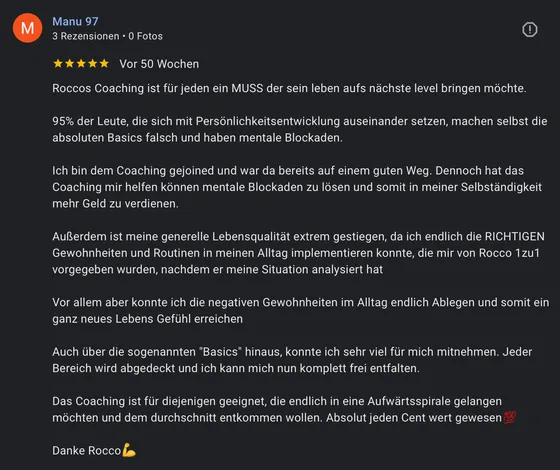 Google-Rezension eines Mentoring-Teilnehmers (5 Sterne)