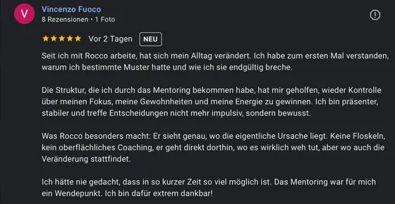 Google-Rezension eines Mentoring-Teilnehmers (5 Sterne)