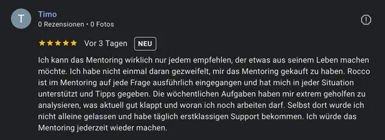 Google-Rezension eines Mentoring-Teilnehmers (5 Sterne)